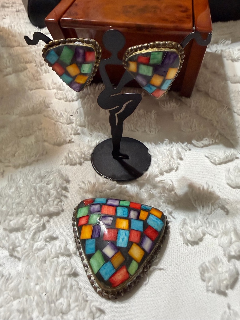 Vtg Mosaic Jewelry Set Triangle Pendant Necklace Matching Clip On Earrings Brass